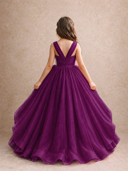 V Neck Girls Pageant Dress Ruffled Puffy Tulle Flower Girl Gown for Wedding Birthday Party