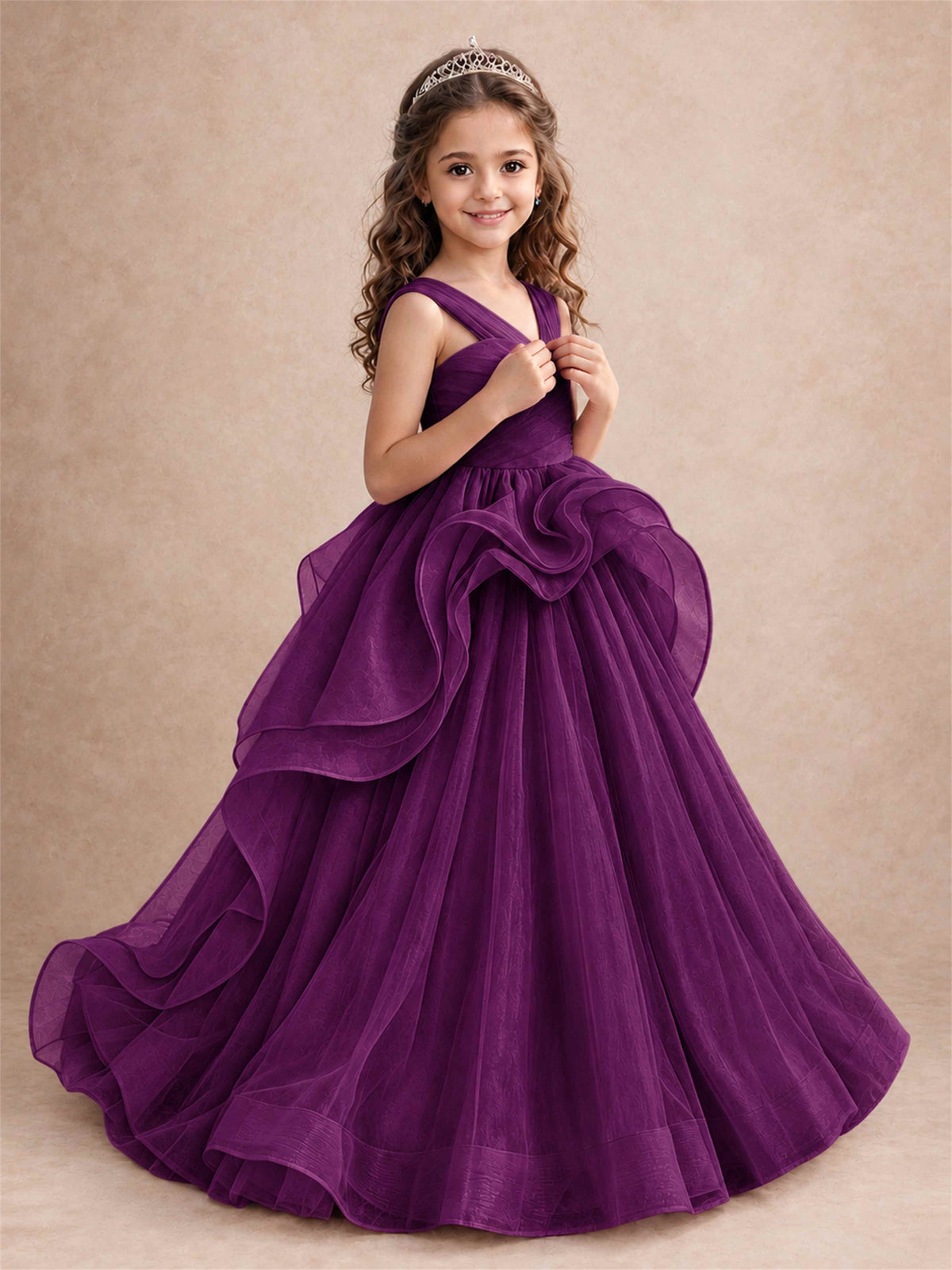 V Neck Girls Pageant Dress Ruffled Puffy Tulle Flower Girl Gown for Wedding Birthday Party