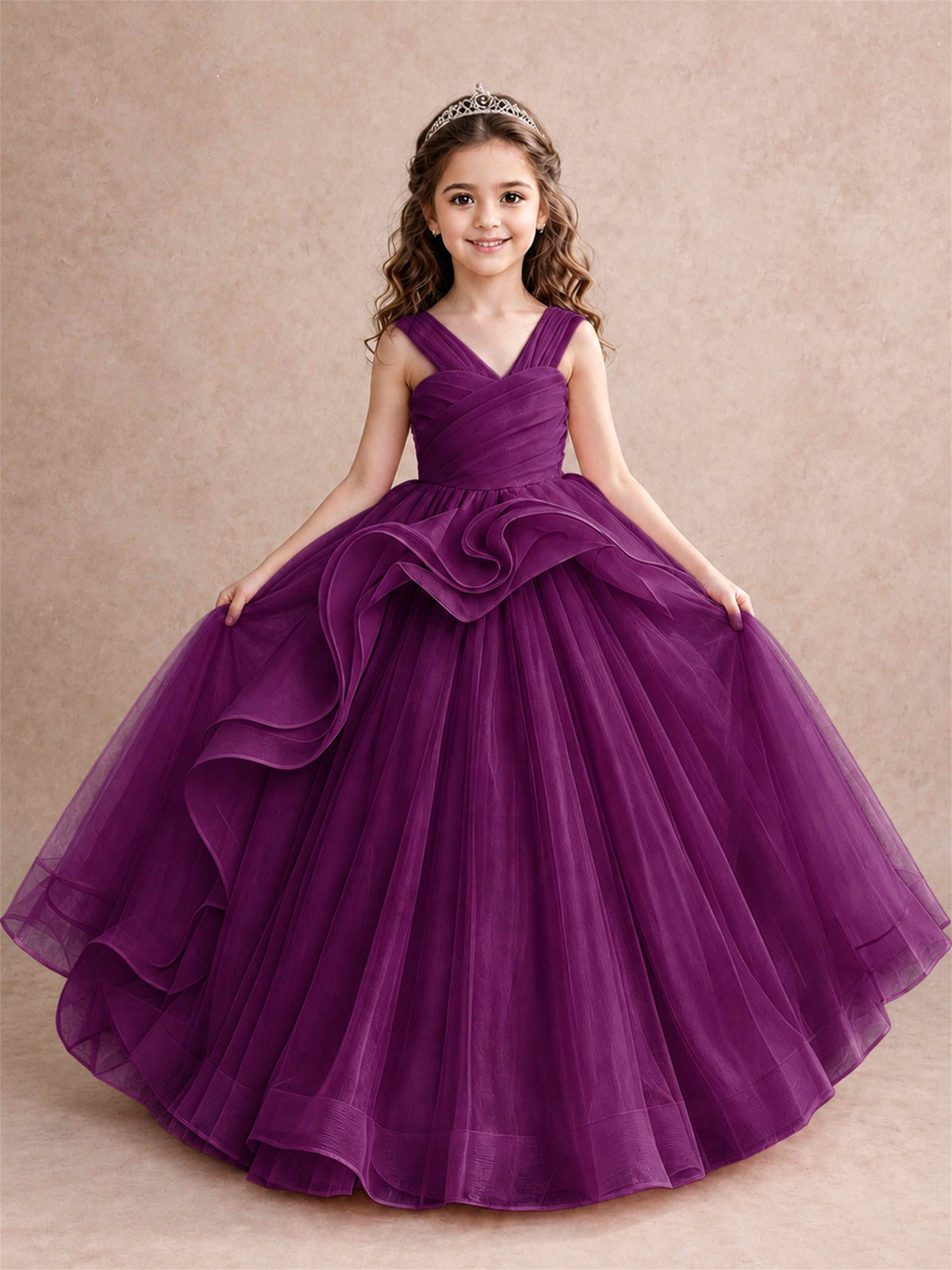 V Neck Girls Pageant Dress Ruffled Puffy Tulle Flower Girl Gown for Wedding Birthday Party
