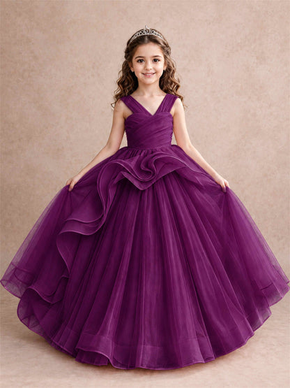 V Neck Girls Pageant Dress Ruffled Puffy Tulle Flower Girl Gown for Wedding Birthday Party