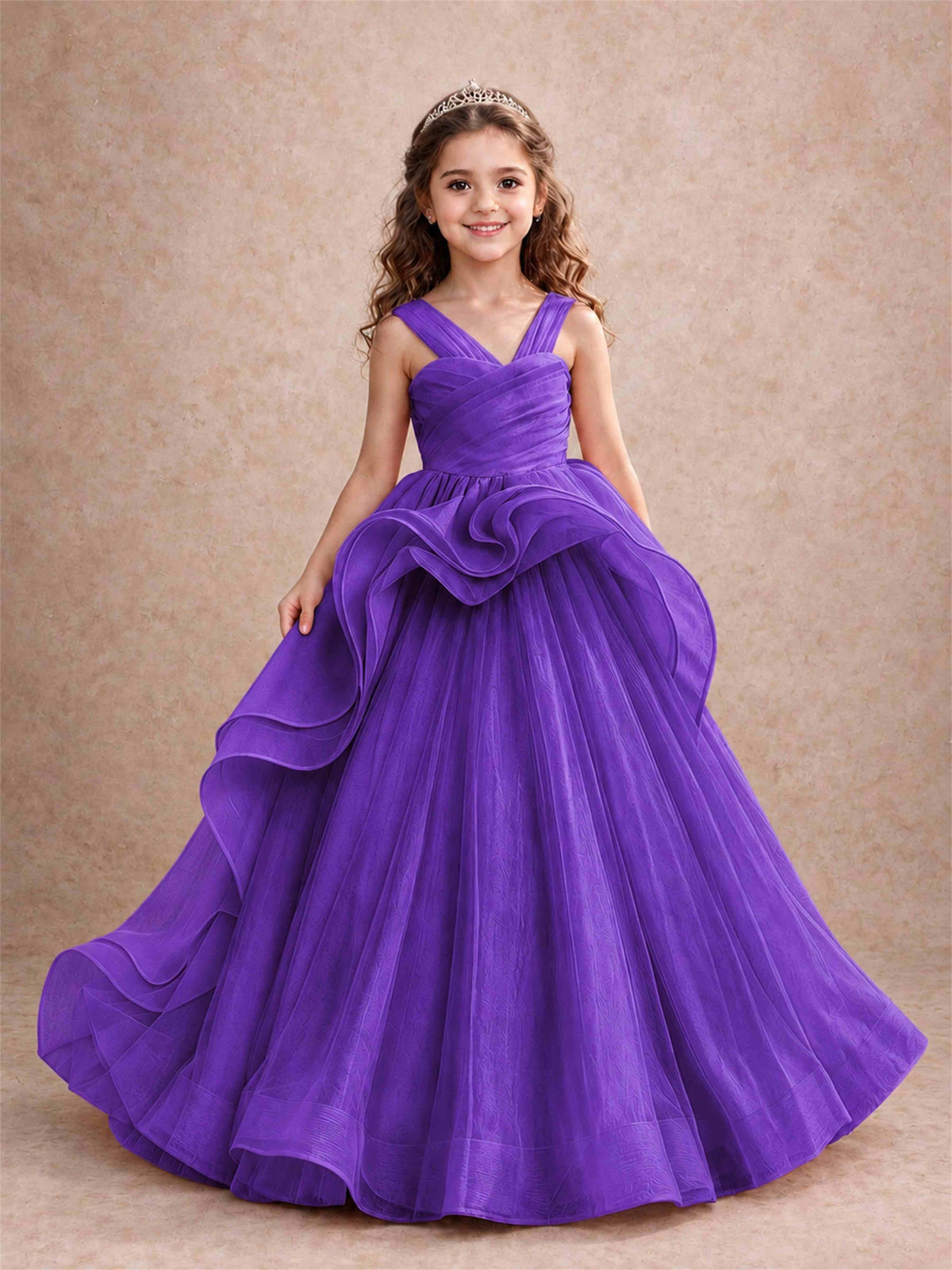 V Neck Girls Pageant Dress Ruffled Puffy Tulle Flower Girl Gown for Wedding Birthday Party
