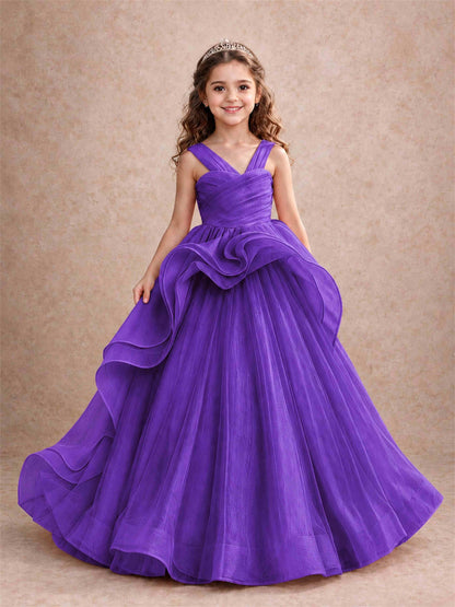 V Neck Girls Pageant Dress Ruffled Puffy Tulle Flower Girl Gown for Wedding Birthday Party