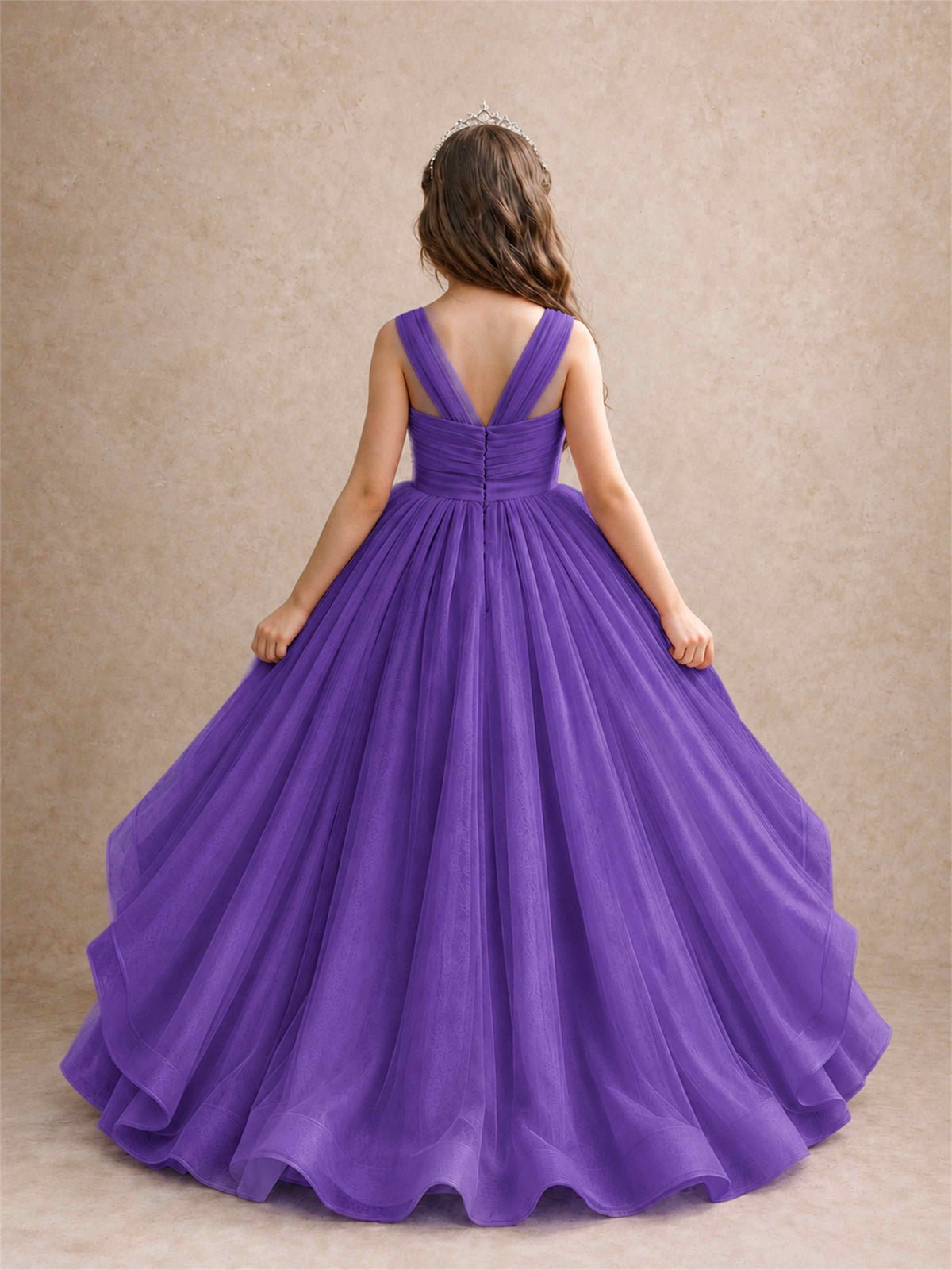 V Neck Girls Pageant Dress Ruffled Puffy Tulle Flower Girl Gown for Wedding Birthday Party