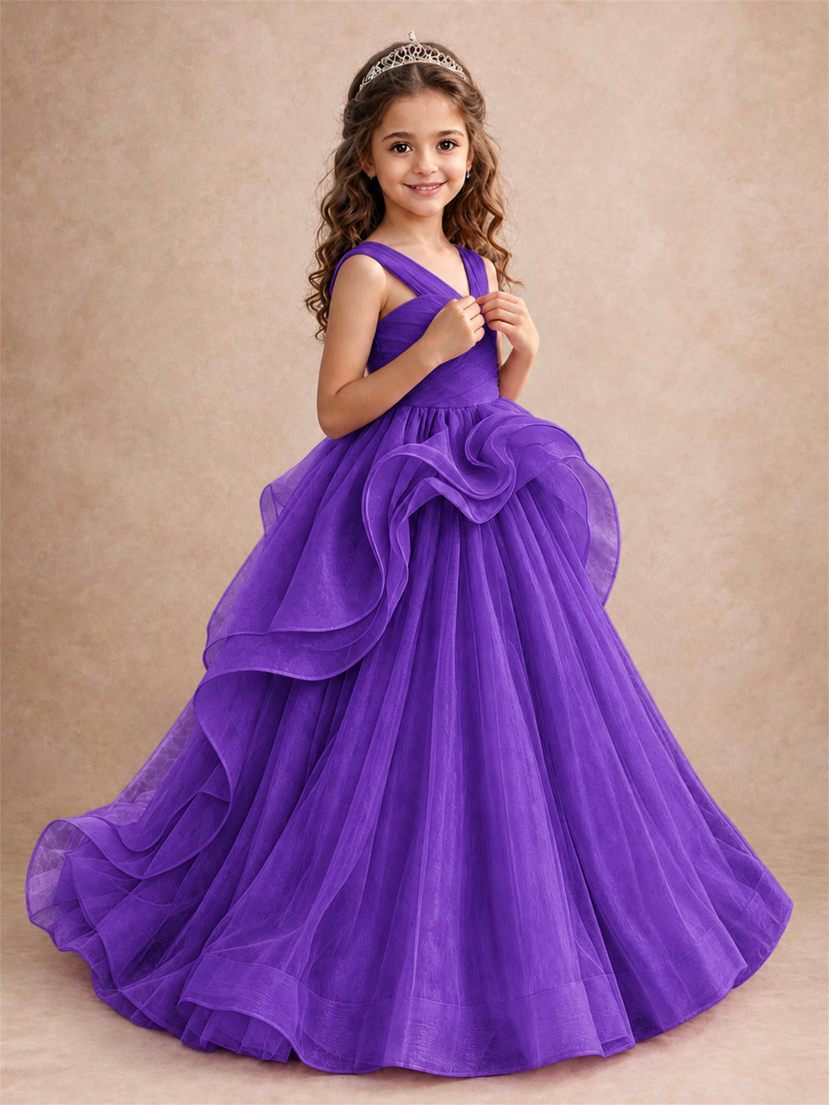 V Neck Girls Pageant Dress Ruffled Puffy Tulle Flower Girl Gown for Wedding Birthday Party