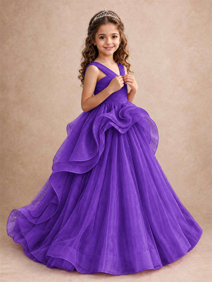 V Neck Girls Pageant Dress Ruffled Puffy Tulle Flower Girl Gown for Wedding Birthday Party