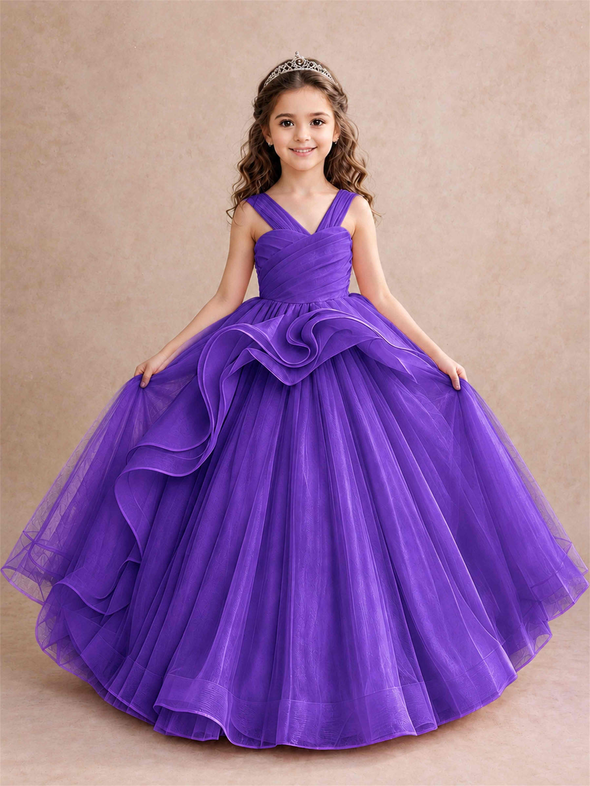 V Neck Girls Pageant Dress Ruffled Puffy Tulle Flower Girl Gown for Wedding Birthday Party