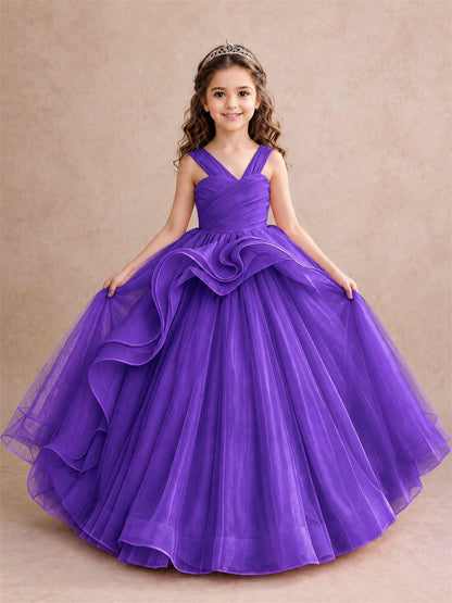 V Neck Girls Pageant Dress Ruffled Puffy Tulle Flower Girl Gown for Wedding Birthday Party