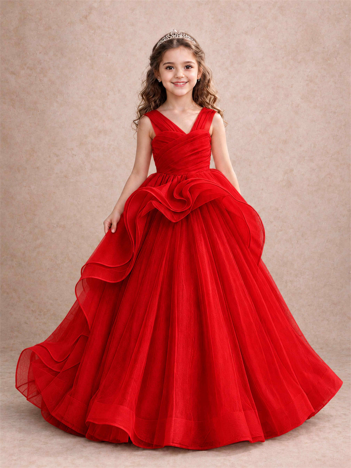 V Neck Girls Pageant Dress Ruffled Puffy Tulle Flower Girl Gown for Wedding Birthday Party