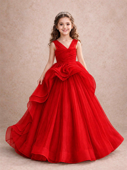 V Neck Girls Pageant Dress Ruffled Puffy Tulle Flower Girl Gown for Wedding Birthday Party