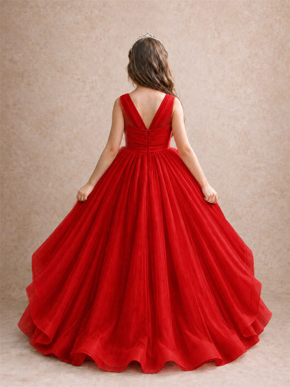 V Neck Girls Pageant Dress Ruffled Puffy Tulle Flower Girl Gown for Wedding Birthday Party