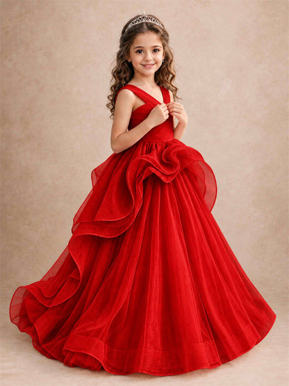 V Neck Girls Pageant Dress Ruffled Puffy Tulle Flower Girl Gown for Wedding Birthday Party