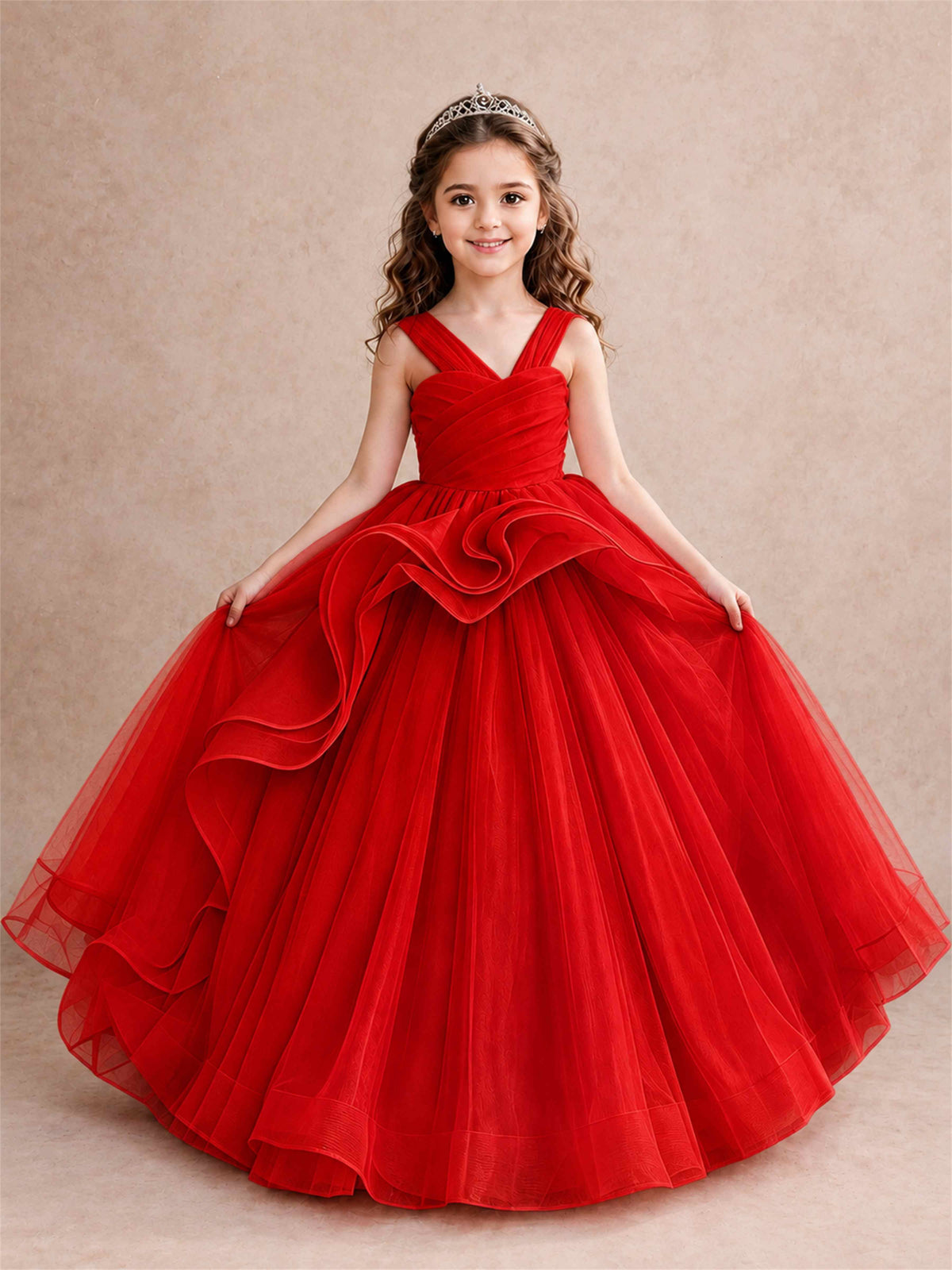 V Neck Girls Pageant Dress Ruffled Puffy Tulle Flower Girl Gown for Wedding Birthday Party