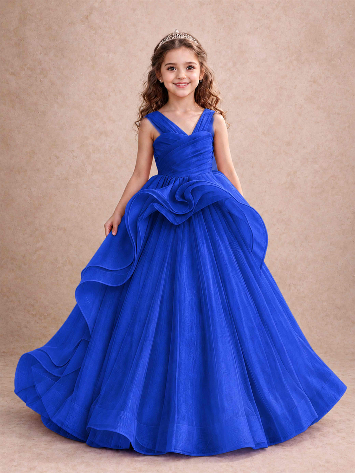 V Neck Girls Pageant Dress Ruffled Puffy Tulle Flower Girl Gown for Wedding Birthday Party