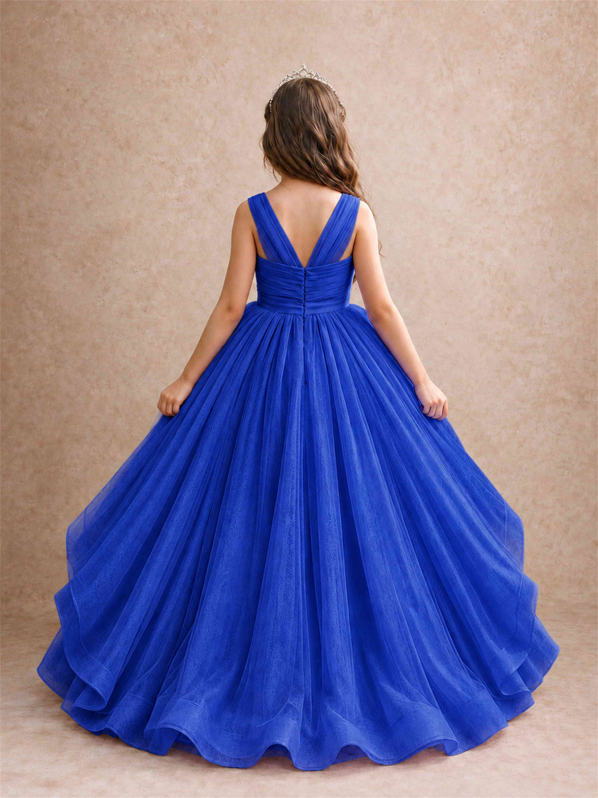 V Neck Girls Pageant Dress Ruffled Puffy Tulle Flower Girl Gown for Wedding Birthday Party