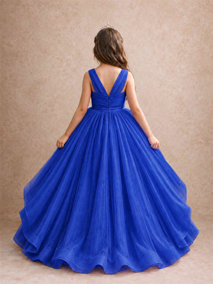 V Neck Girls Pageant Dress Ruffled Puffy Tulle Flower Girl Gown for Wedding Birthday Party