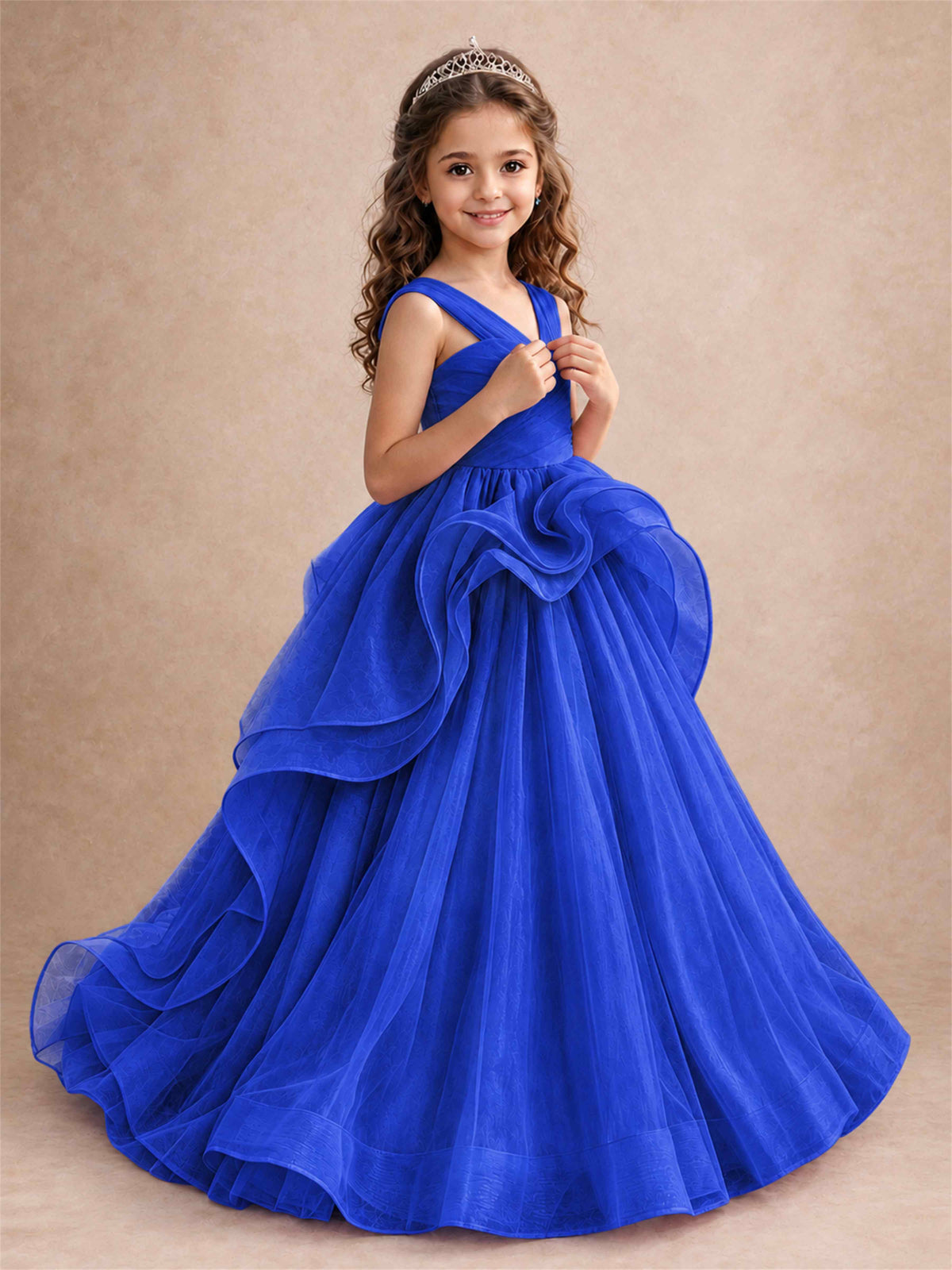 V Neck Girls Pageant Dress Ruffled Puffy Tulle Flower Girl Gown for Wedding Birthday Party