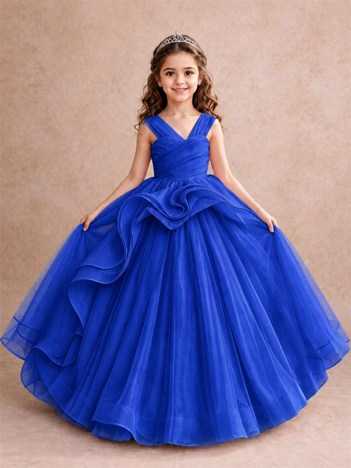 V Neck Girls Pageant Dress Ruffled Puffy Tulle Flower Girl Gown for Wedding Birthday Party