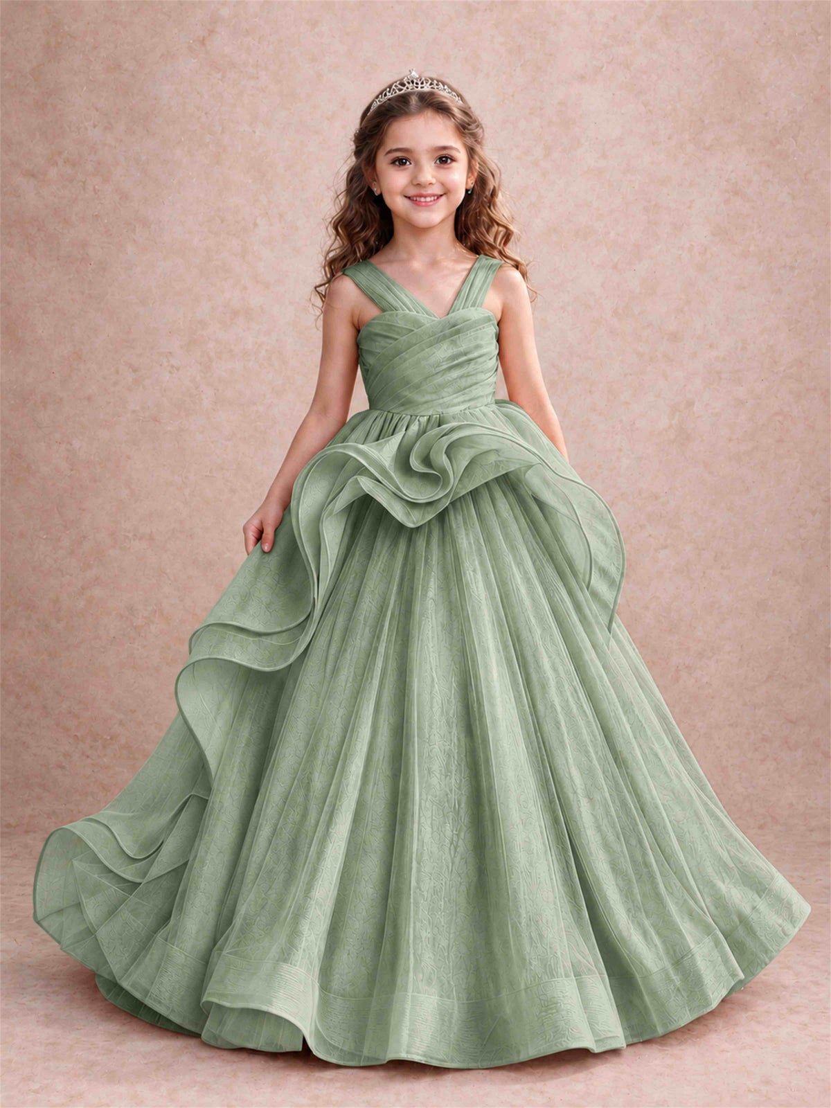 V Neck Girls Pageant Dress Ruffled Puffy Tulle Flower Girl Gown for Wedding Birthday Party