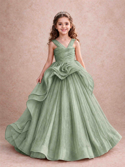 V Neck Girls Pageant Dress Ruffled Puffy Tulle Flower Girl Gown for Wedding Birthday Party