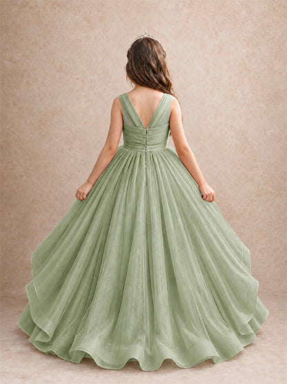 V Neck Girls Pageant Dress Ruffled Puffy Tulle Flower Girl Gown for Wedding Birthday Party