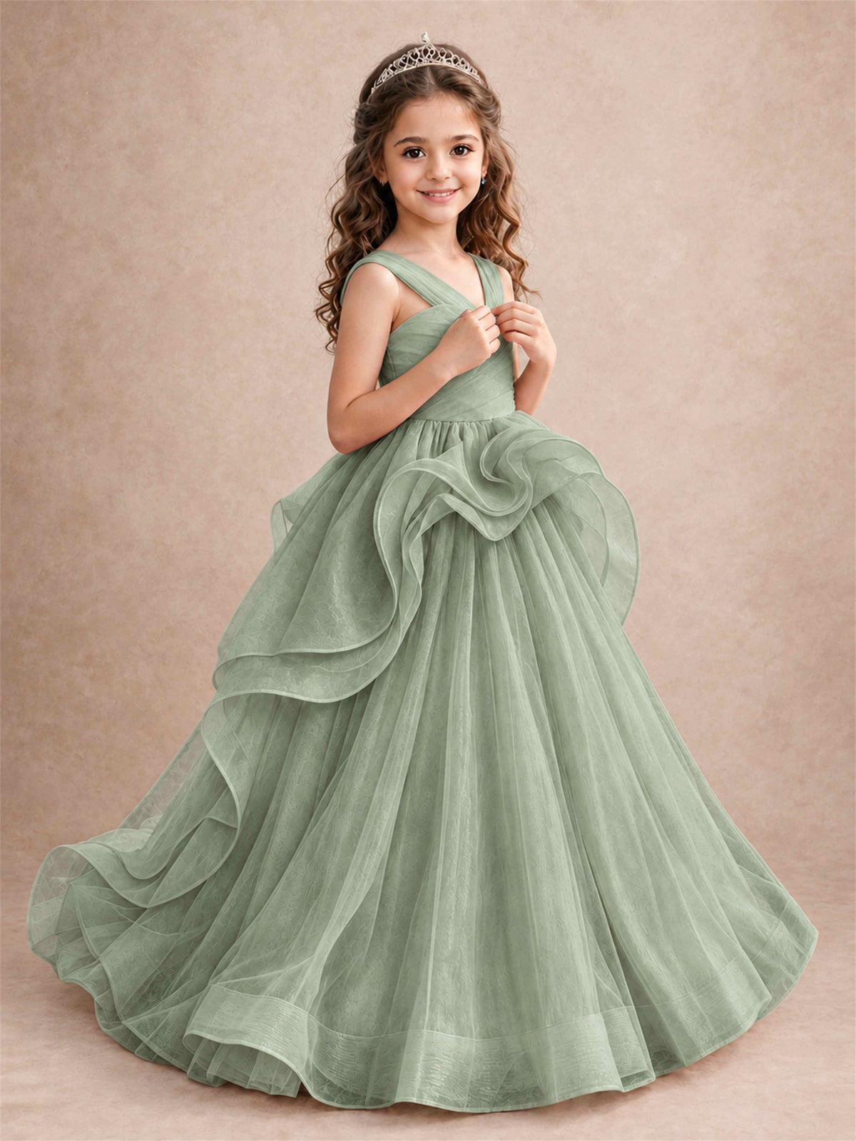 V Neck Girls Pageant Dress Ruffled Puffy Tulle Flower Girl Gown for Wedding Birthday Party