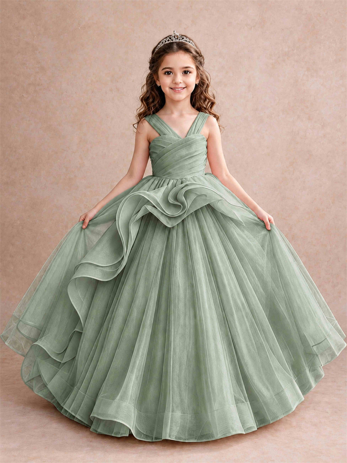 V Neck Girls Pageant Dress Ruffled Puffy Tulle Flower Girl Gown for Wedding Birthday Party