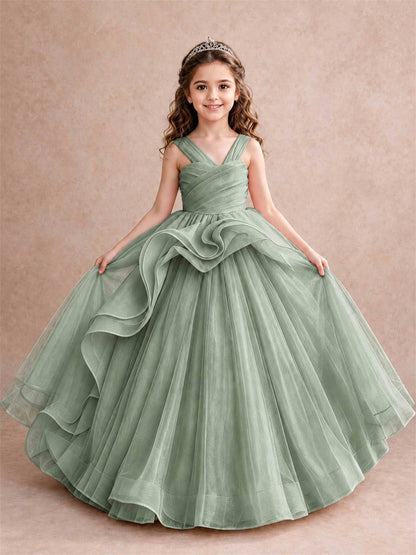 V Neck Girls Pageant Dress Ruffled Puffy Tulle Flower Girl Gown for Wedding Birthday Party