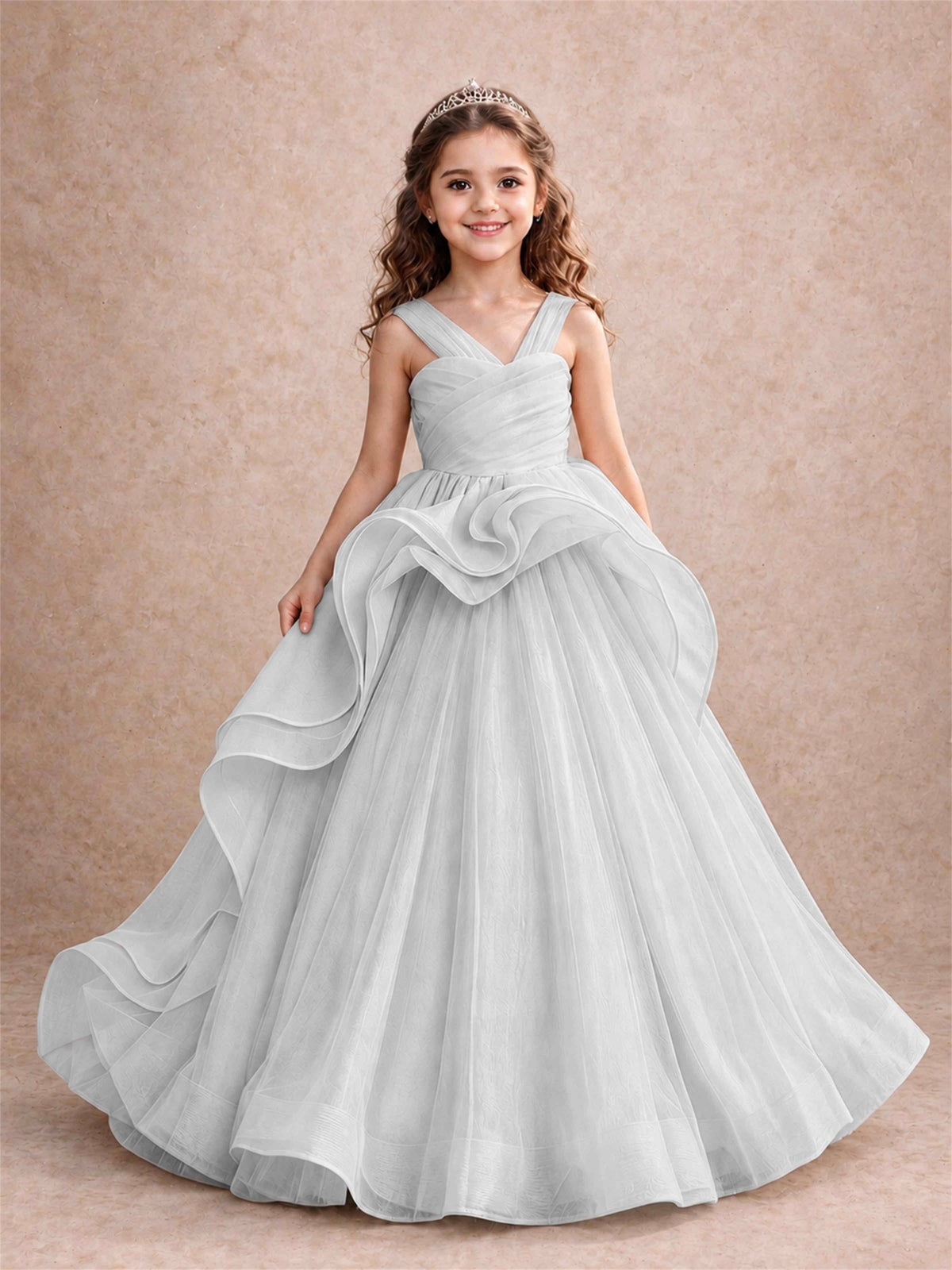 V Neck Girls Pageant Dress Ruffled Puffy Tulle Flower Girl Gown for Wedding Birthday Party