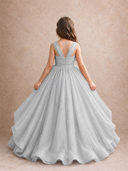 V Neck Girls Pageant Dress Ruffled Puffy Tulle Flower Girl Gown for Wedding Birthday Party