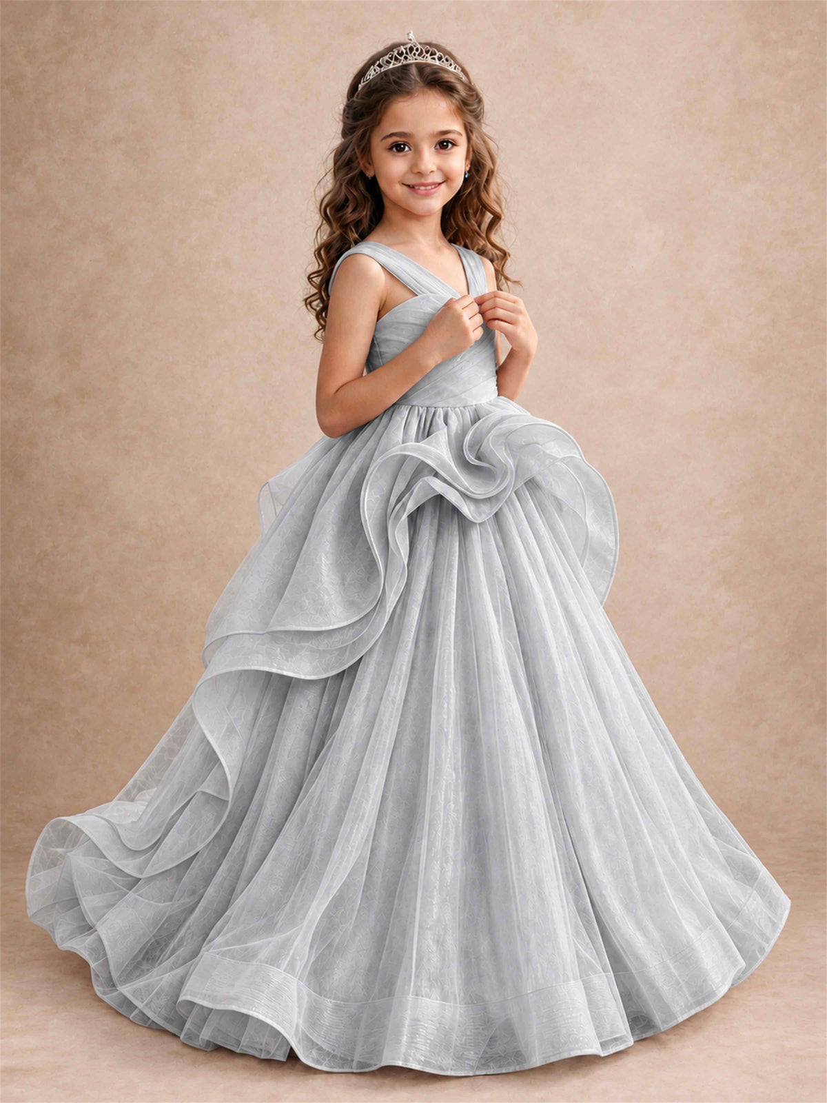 V Neck Girls Pageant Dress Ruffled Puffy Tulle Flower Girl Gown for Wedding Birthday Party