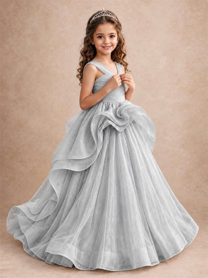 V Neck Girls Pageant Dress Ruffled Puffy Tulle Flower Girl Gown for Wedding Birthday Party
