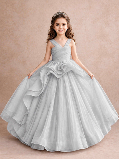 V Neck Girls Pageant Dress Ruffled Puffy Tulle Flower Girl Gown for Wedding Birthday Party
