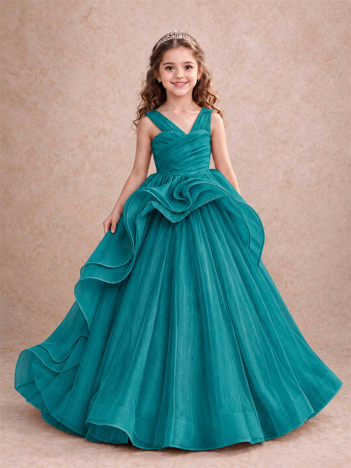 V Neck Girls Pageant Dress Ruffled Puffy Tulle Flower Girl Gown for Wedding Birthday Party