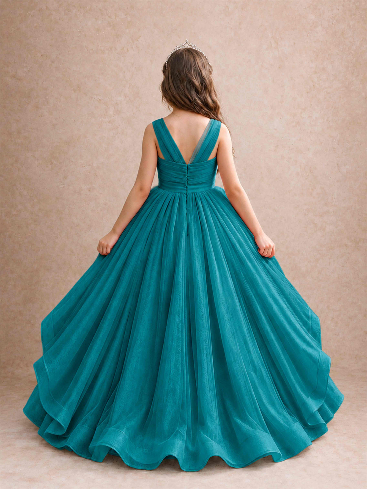 V Neck Girls Pageant Dress Ruffled Puffy Tulle Flower Girl Gown for Wedding Birthday Party