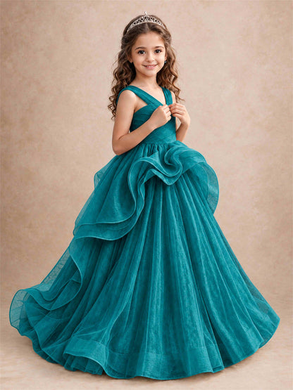 V Neck Girls Pageant Dress Ruffled Puffy Tulle Flower Girl Gown for Wedding Birthday Party