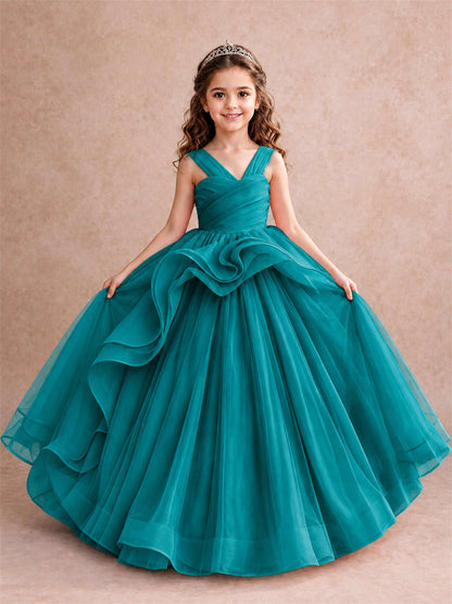 V Neck Girls Pageant Dress Ruffled Puffy Tulle Flower Girl Gown for Wedding Birthday Party