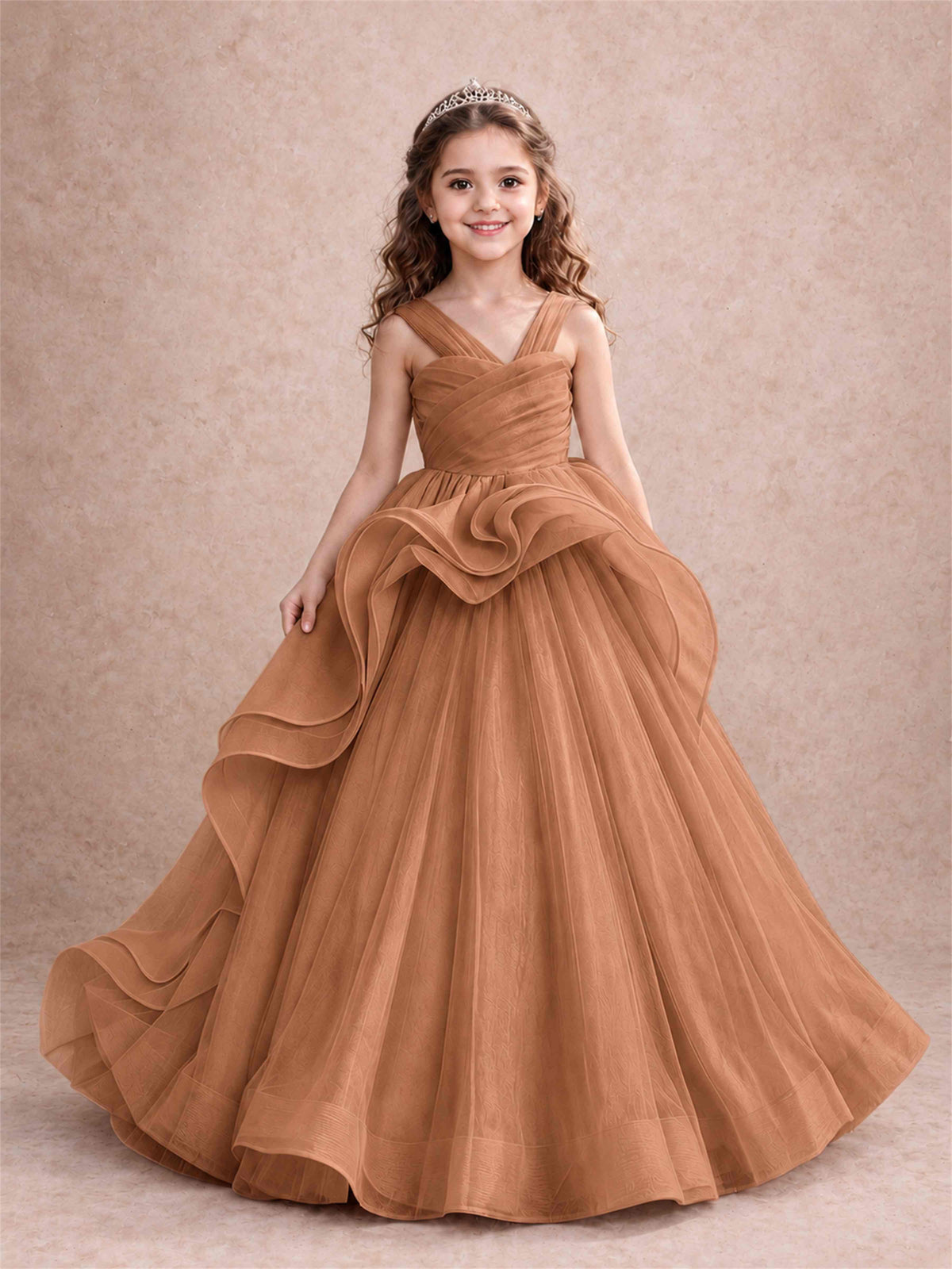 V Neck Girls Pageant Dress Ruffled Puffy Tulle Flower Girl Gown for Wedding Birthday Party