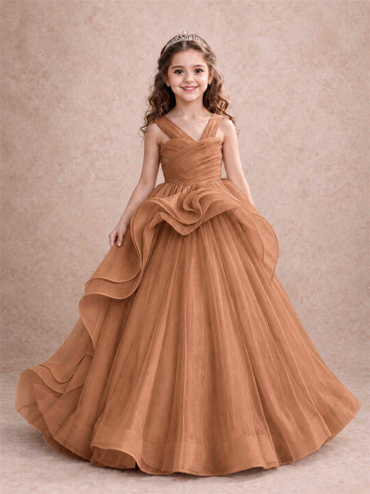 V Neck Girls Pageant Dress Ruffled Puffy Tulle Flower Girl Gown for Wedding Birthday Party