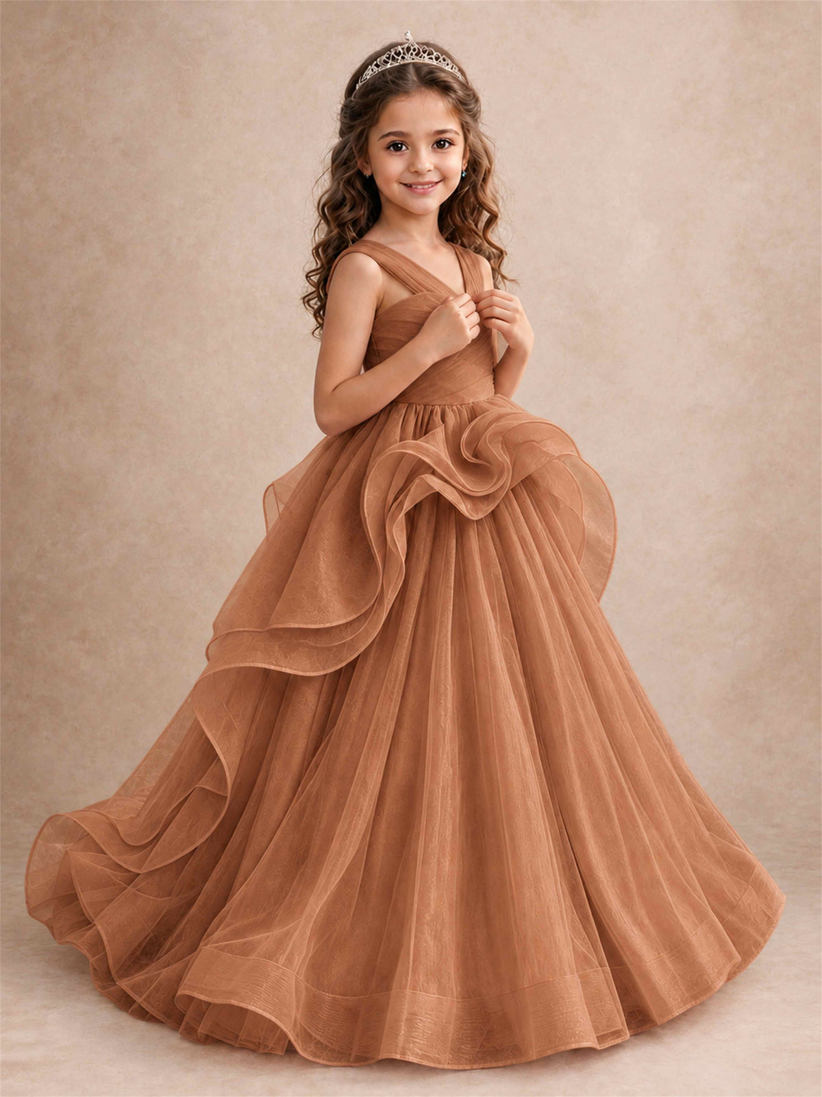 V Neck Girls Pageant Dress Ruffled Puffy Tulle Flower Girl Gown for Wedding Birthday Party
