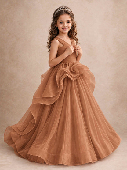 V Neck Girls Pageant Dress Ruffled Puffy Tulle Flower Girl Gown for Wedding Birthday Party