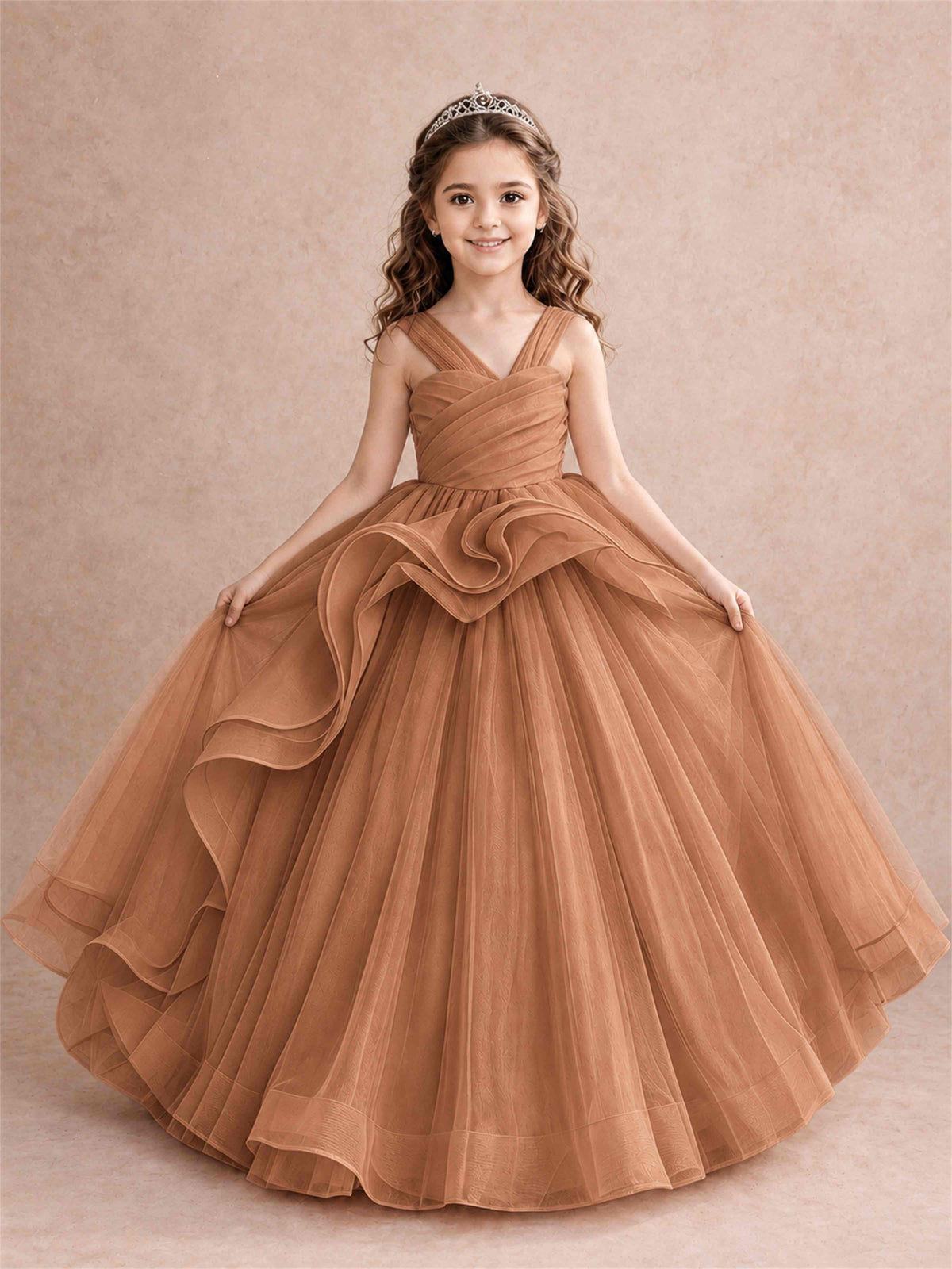 V Neck Girls Pageant Dress Ruffled Puffy Tulle Flower Girl Gown for Wedding Birthday Party
