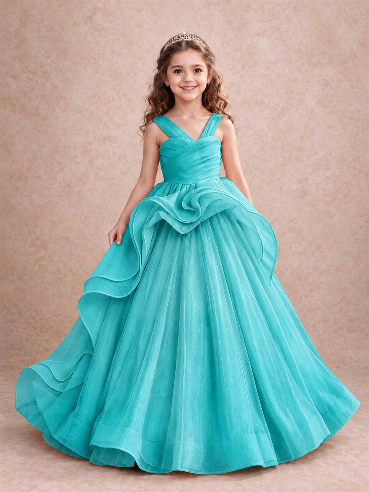 V Neck Girls Pageant Dress Ruffled Puffy Tulle Flower Girl Gown for Wedding Birthday Party