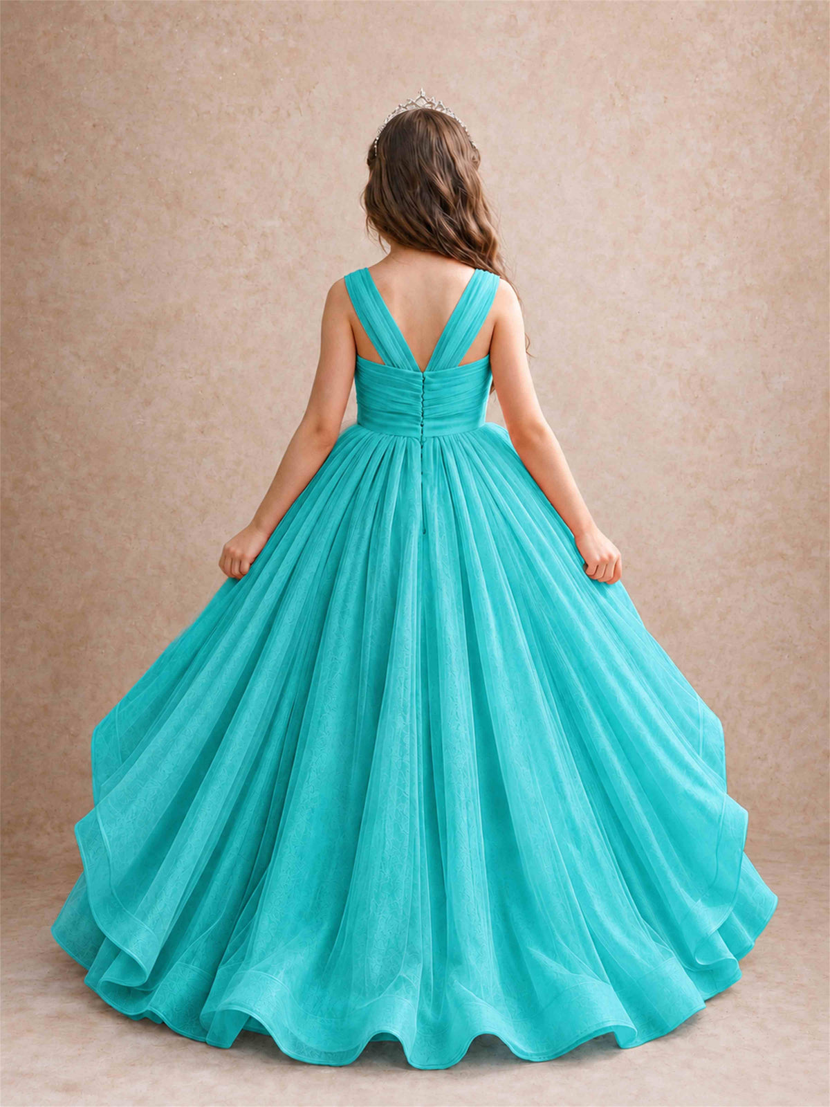 V Neck Girls Pageant Dress Ruffled Puffy Tulle Flower Girl Gown for Wedding Birthday Party