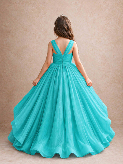 V Neck Girls Pageant Dress Ruffled Puffy Tulle Flower Girl Gown for Wedding Birthday Party