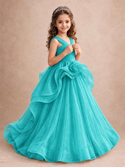 V Neck Girls Pageant Dress Ruffled Puffy Tulle Flower Girl Gown for Wedding Birthday Party