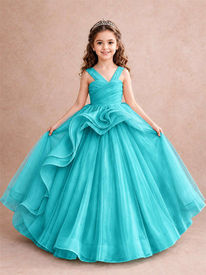 V Neck Girls Pageant Dress Ruffled Puffy Tulle Flower Girl Gown for Wedding Birthday Party