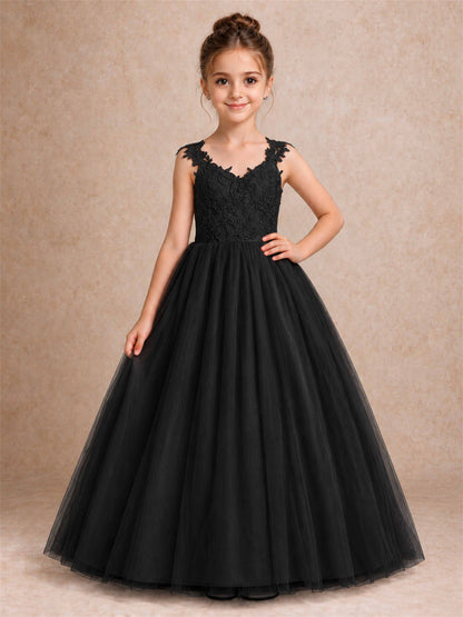 V Neck Lace Applique Sleeveless Tulle Floor Length Formal Gown for Wedding First Communion