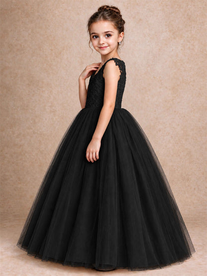 V Neck Lace Applique Sleeveless Tulle Floor Length Formal Gown for Wedding First Communion