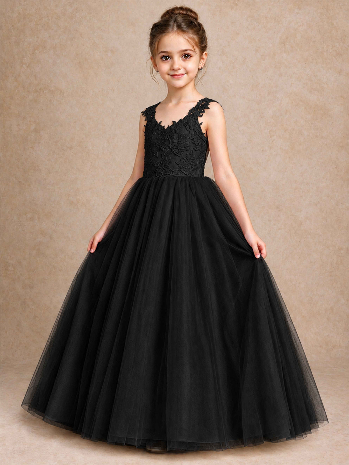 V Neck Lace Applique Sleeveless Tulle Floor Length Formal Gown for Wedding First Communion