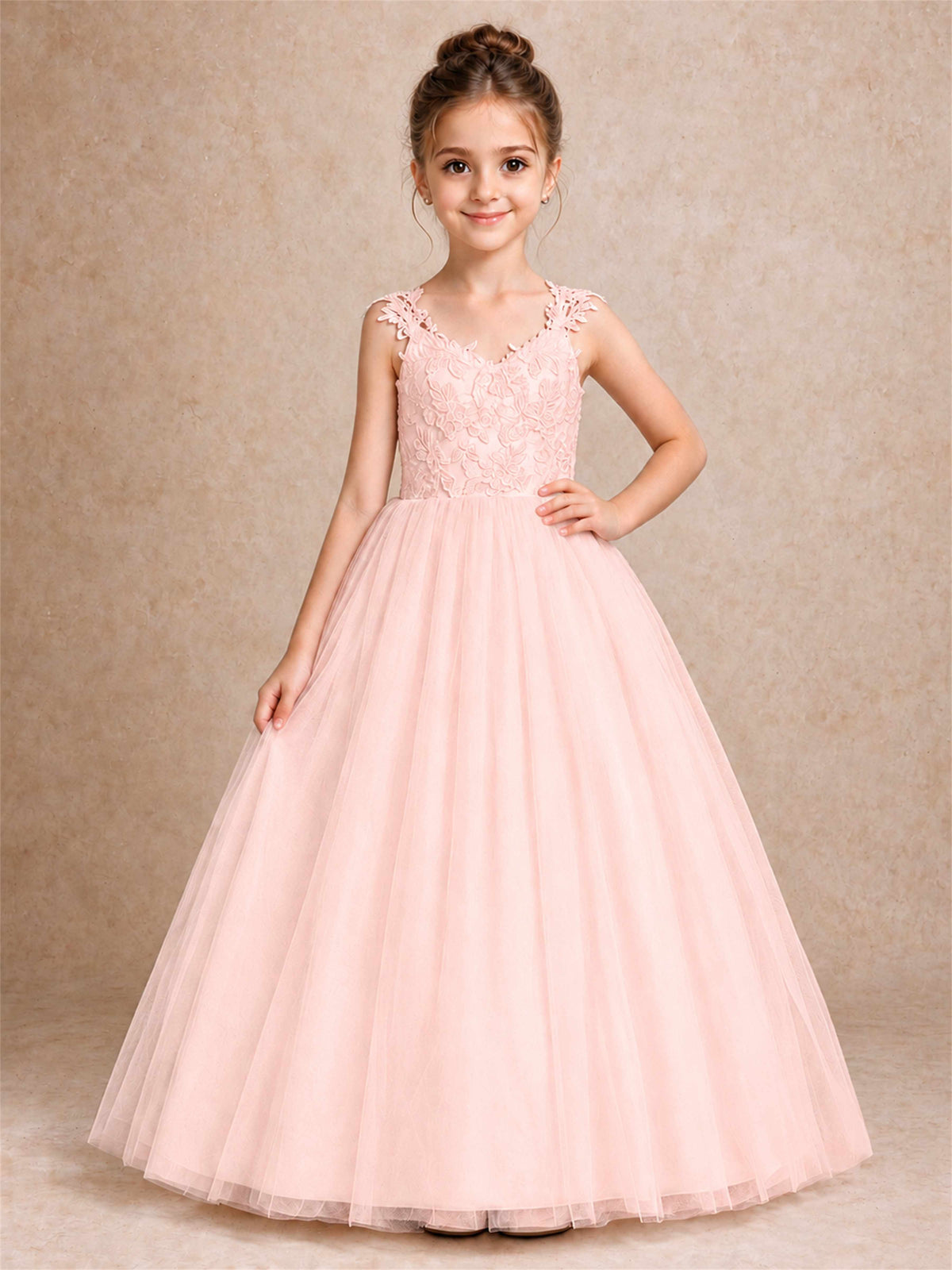 V Neck Lace Applique Sleeveless Tulle Floor Length Formal Gown for Wedding First Communion